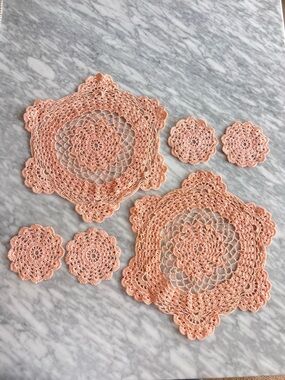 Vintage Handmade Crochet Doilies in Peach Set